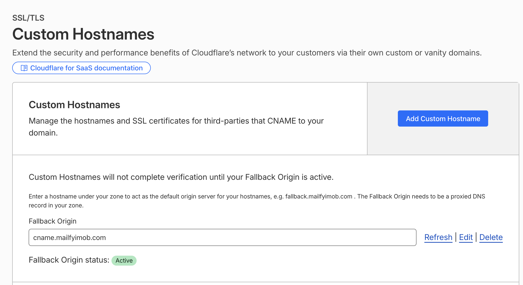 Tela SSL/TLS Custom Hostnames com Fallback Origin ativo no Cloudflare